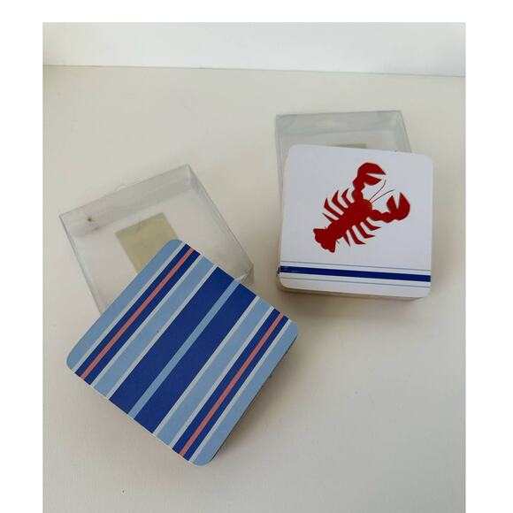 Coasters, lobster and striped blue red, 4" cork back, 2 sets of 6, coastal theme - Picture 1 of 4
